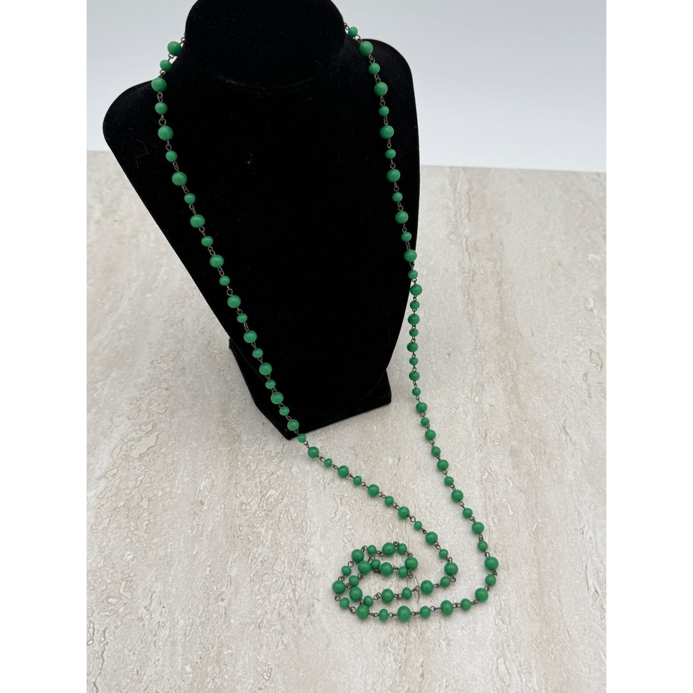 Vintage Green Beaded Opera Length Necklace Long Bronze Tone Chain 44 Inch